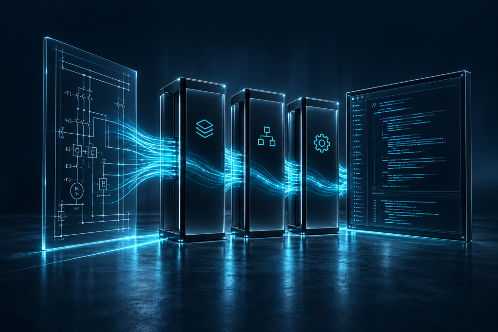 Electrical schematic, glass process modules and software interface connected by luminous data streams